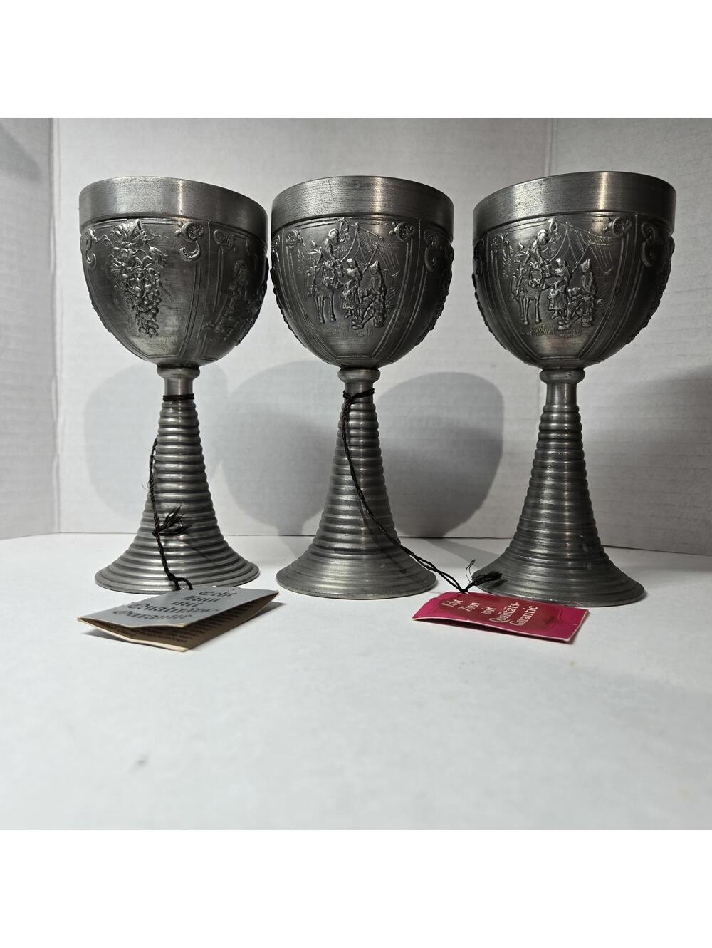 Set 3 Vintage Otto Vogel German Pewter Goblets Rein Zinn 95% Food Safe 6"